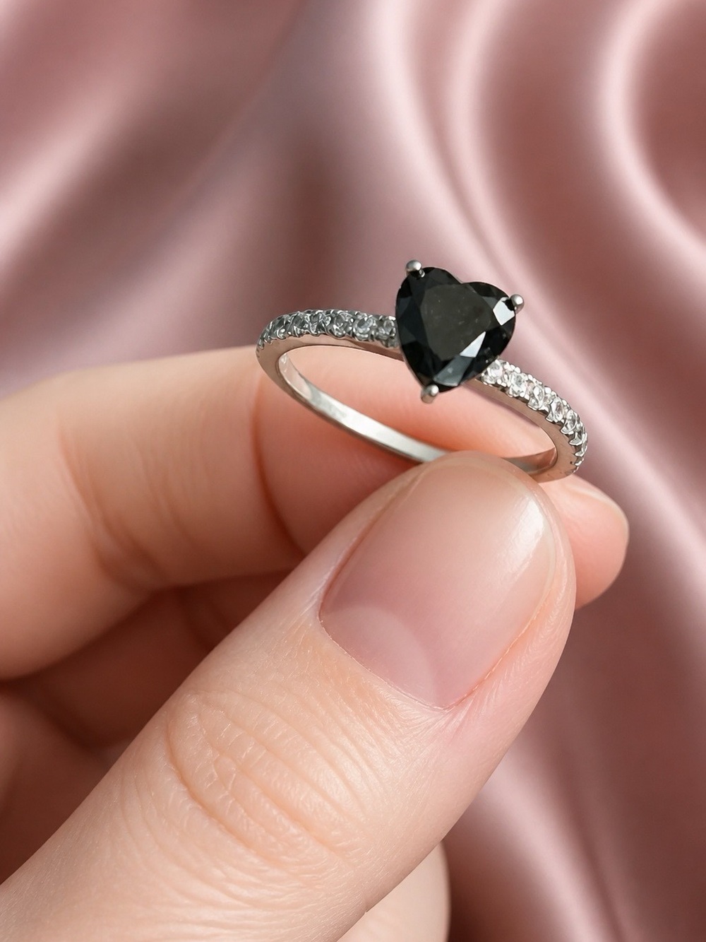 AAA Black Moissanite Heart Shape, White Moissanite Down Each Side, 925 S.Silver